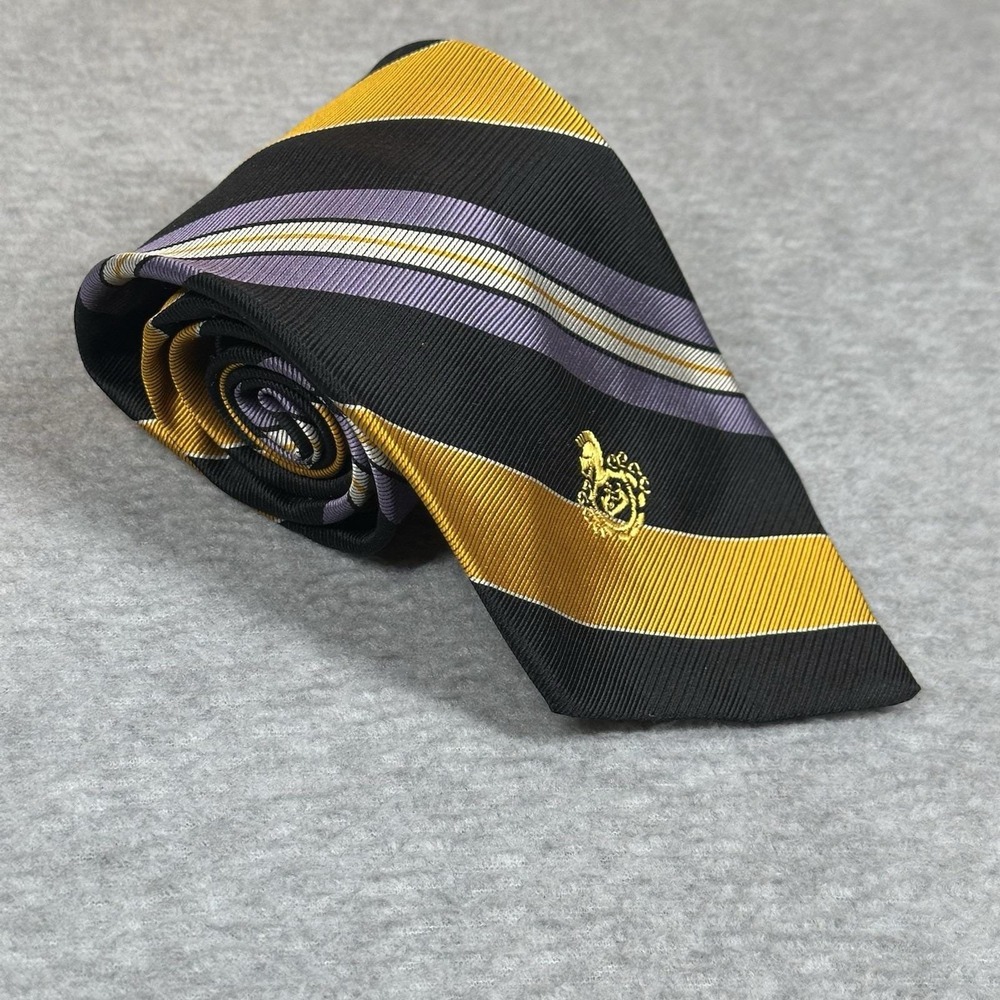 VTG 1970s Sears Kings Road Shop Mens Repp Stripe Crest Wide Tie Gold Black 54x4